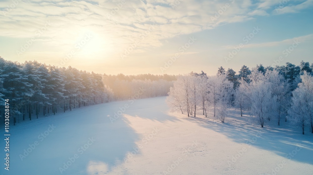 Snowy winter forest landscape with sunlight and shadows. Snowy winter forest landscape with sunlight and shadows.