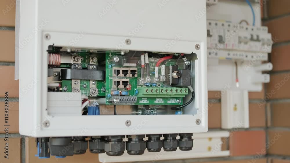 An electrician installing an inverter in a home. The image shows technical skill, modern tools, and attention to safety in electrical work An electrician installing an inverter in a home. The image shows technical skill, modern tools, and attention to safety in electrical work