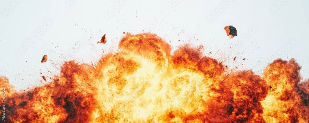 A dramatic explosion with bright flames and debris rising against a clear sky, showcasing the power and intensity of the blast. A dramatic explosion with bright flames and debris rising against a clear sky, showcasing the power and intensity of the blast.