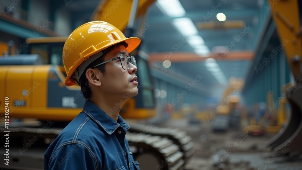 A Young Construction Worker Observes Machinery in a Large Industrial Warehouse During the Day A Young Construction Worker Observes Machinery in a Large Industrial Warehouse During the Day