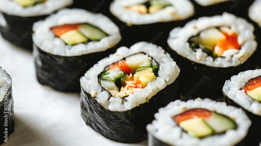 Artfully arranged sushi rolls featuring vibrant vegetables and seafood, set against a pristine white background for a visually appealing presentation. Artfully arranged sushi rolls featuring vibrant vegetables and seafood, set against a pristine white background for a visually appealing presentation.