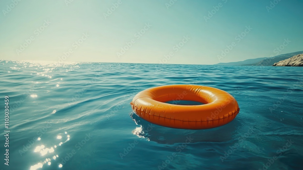 Bright orange inflatable swimming ring floating peacefully on shimmering blue water under a clear sky with distant hills on the horizon. Bright orange inflatable swimming ring floating peacefully on shimmering blue water under a clear sky with distant hills on the horizon.