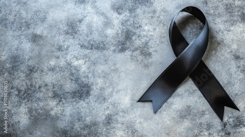 Black awareness ribbon on gray textured background symbolizing mourning with spacious area for text and emotional expression.