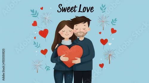 A loving couple embracing each other tenderly and holding a heart symbol surrounded by sparkling elements and floral accents depicting the joy and intimacy of a romantic relationship