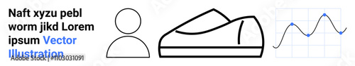 Person icon, outlined shoe, dummy text, and line graph. Ideal for design projects, presentations, infographics, websites, data visualization, branding, educational materials Landing page