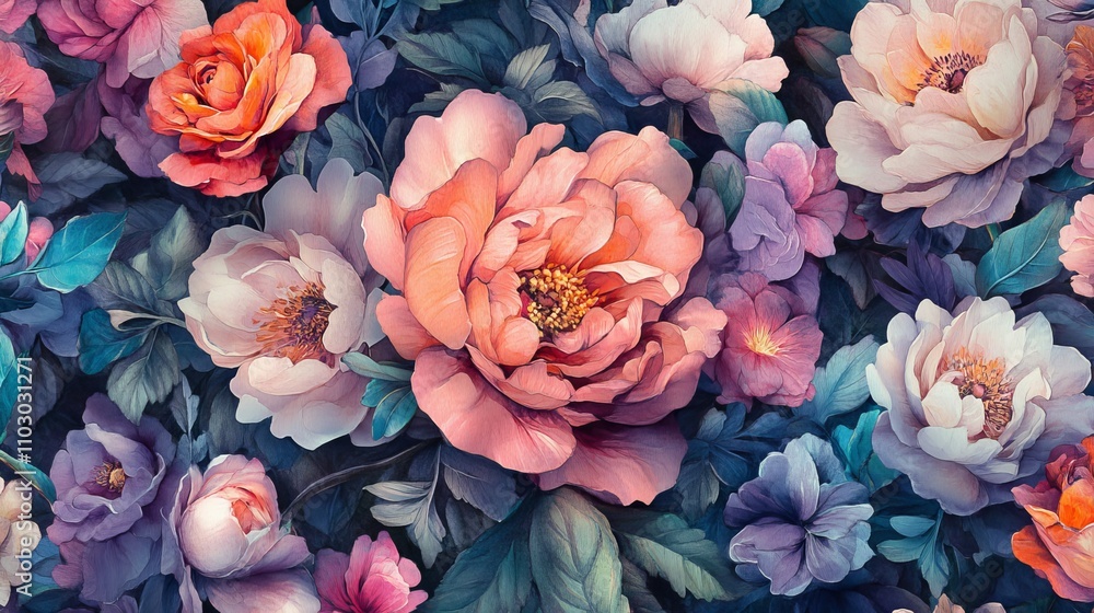 87.A detailed seamless watercolor pattern featuring a combination of vivid and muted floral elements, with soft gradients and subtle transitions between the flowers, giving the pattern a hand-painted 87.A detailed seamless watercolor pattern featuring a combination of vivid and muted floral elements, with soft gradients and subtle transitions between the flowers, giving the pattern a hand-painted