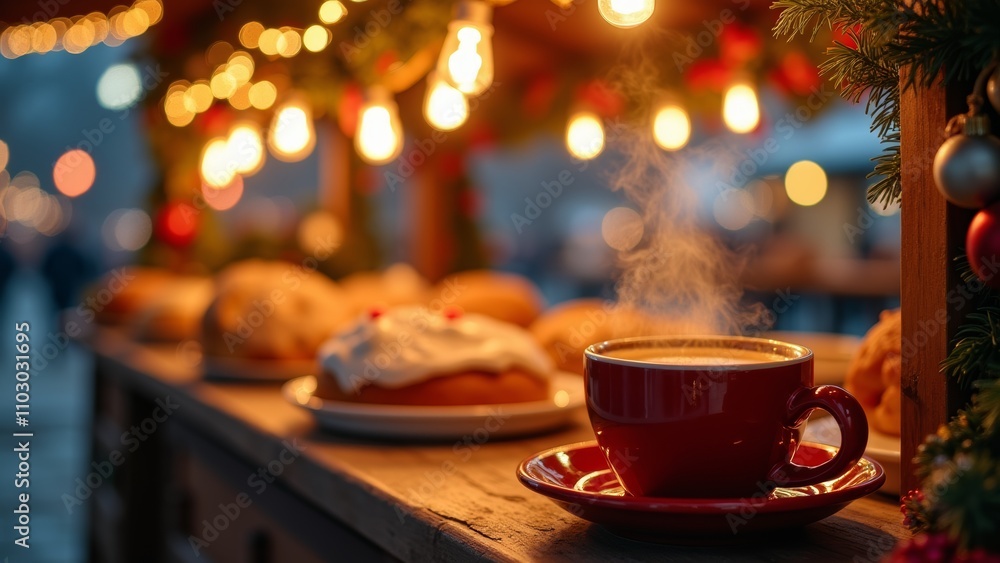Warm Coffee Steaming Beside Holiday Pastries at a Festive Market on a Cozy Winter Evening in December Warm Coffee Steaming Beside Holiday Pastries at a Festive Market on a Cozy Winter Evening in December