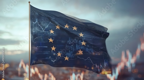 A flag of Europe with a graph of the stock market, finance, economy and data