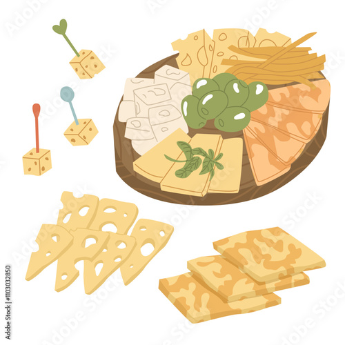 A plate of delicious cheese snacks. Olives, canapes and cheeses of all kinds and flavors. Farming and cheese making. Restaurant serving of dishes. Vector illustration for a grocery store.