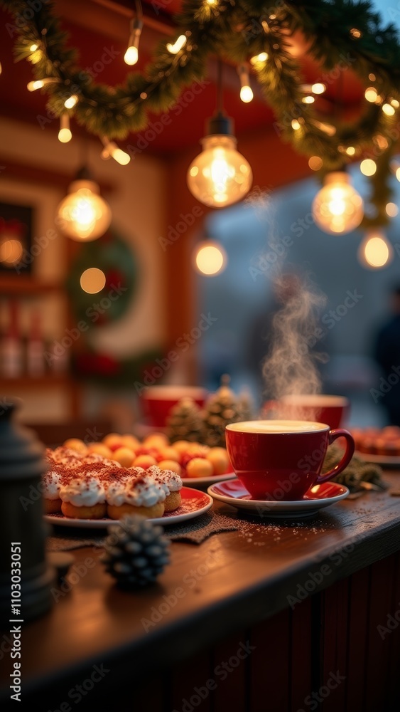 Warm Cups of Cocoa and Festive Treats Displayed at a Cozy Winter Market With Glowing Lights and Decorations Warm Cups of Cocoa and Festive Treats Displayed at a Cozy Winter Market With Glowing Lights and Decorations
