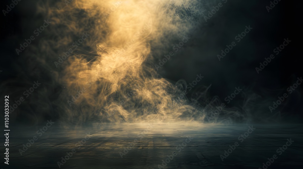 Golden Light Illuminates Smoky Dark Floor Scene Golden Light Illuminates Smoky Dark Floor Scene