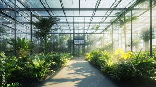 Lush Greenhouse Filled with Vibrant Plants and Sunlight