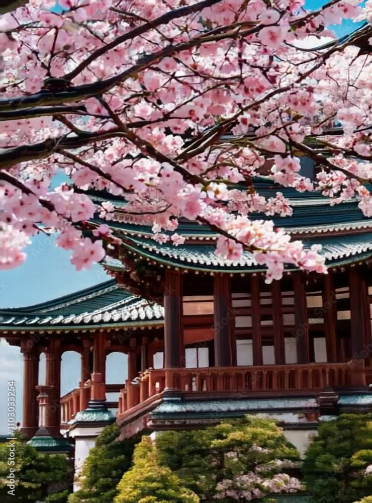 Video of a traditional Japanese temple surrounded by blooming cherry blossom trees. Video of a traditional Japanese temple surrounded by blooming cherry blossom trees.