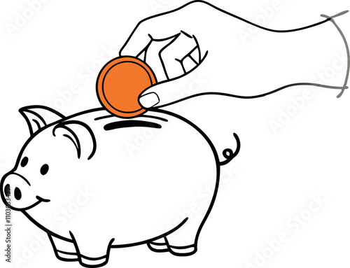 hand inserting coin into piggy bank, saving money line art vector illustration