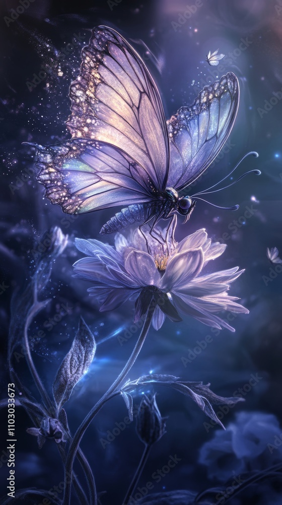 Obraz premium Mesmerizing fairy butterfly gracefully resting on a mystical flower in full bloom, enchanting scene