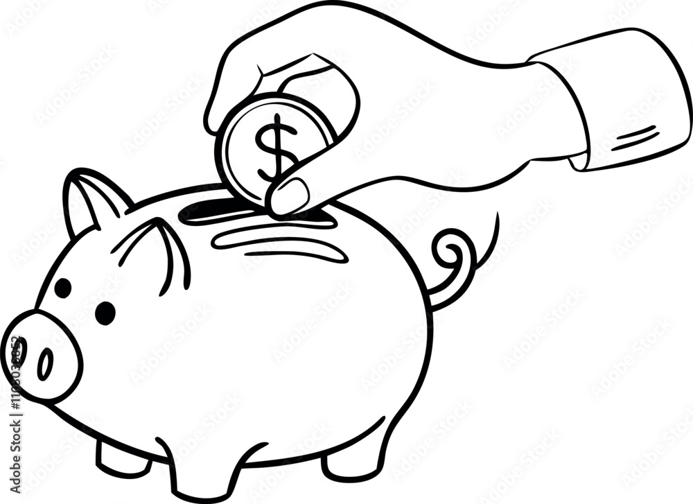 hand inserting coin into piggy bank, saving money line art vector illustration hand inserting coin into piggy bank, saving money line art vector illustration