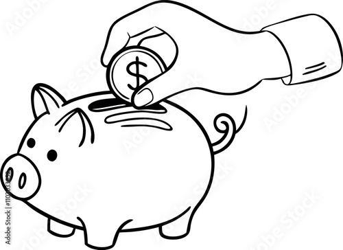 hand inserting coin into piggy bank, saving money line art vector illustration