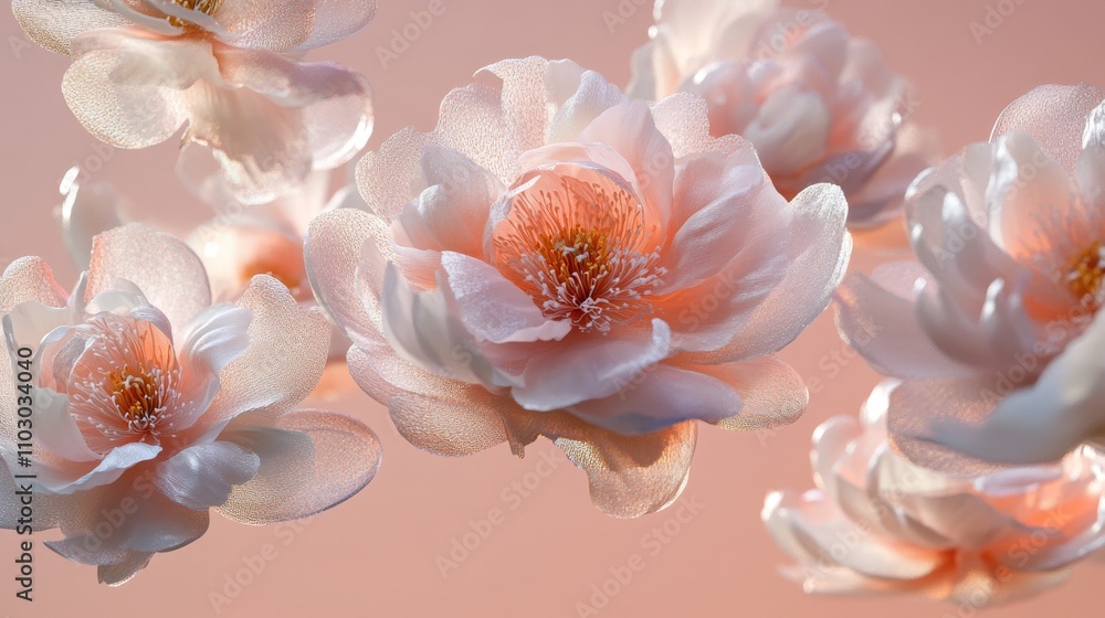 15.Vibrant pink peonies and soft white flowers floating in mid-air, their translucent petals glowing softly against a pale pink background, casting delicate shadows and creating an ethereal,