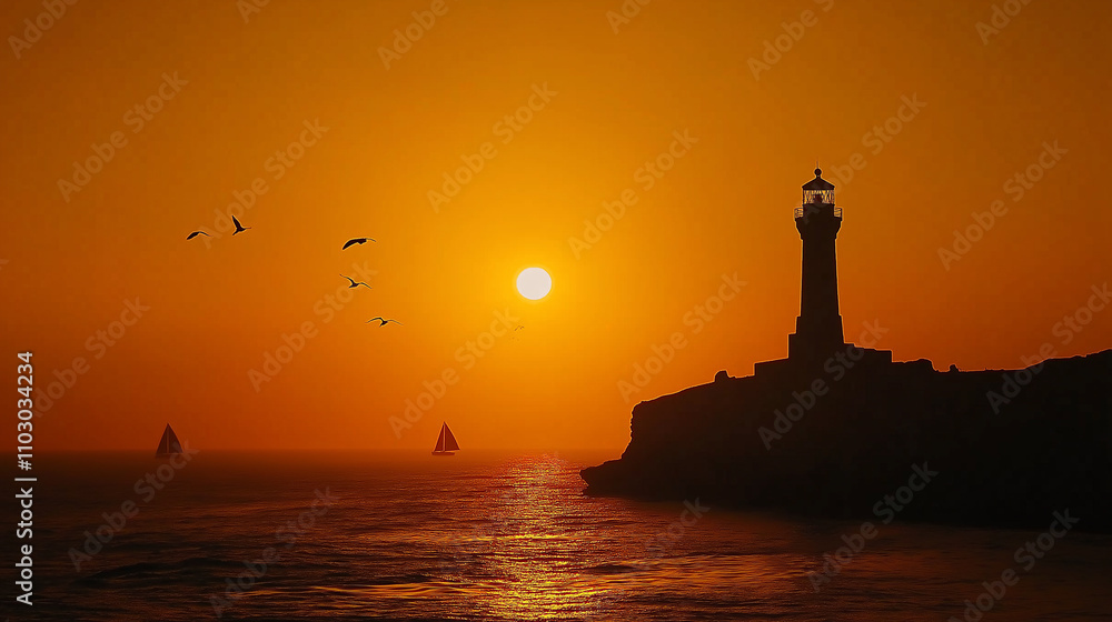 Minimalist lighthouse silhouette against an orange sunset - Simple and striking, sunset Minimalist lighthouse silhouette against an orange sunset - Simple and striking, sunset