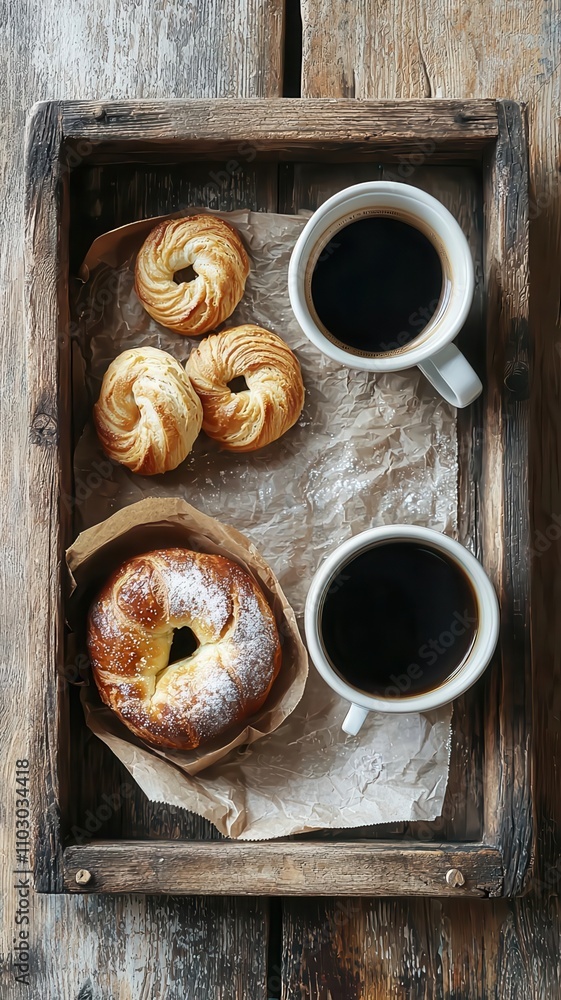 Coffee and Bakery Artisan Concept, Coffee and pastries in rustic wooden tray Coffee and Bakery Artisan Concept, Coffee and pastries in rustic wooden tray