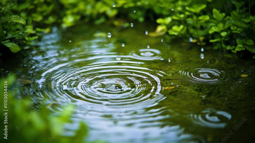 1.Close-up of raindrops gently falling onto lush green rice paddies, water droplets creating delicate ripples in the small, shallow pools formed between the slender rice plants, capturing the serene 1.Close-up of raindrops gently falling onto lush green rice paddies, water droplets creating delicate ripples in the small, shallow pools formed between the slender rice plants, capturing the serene