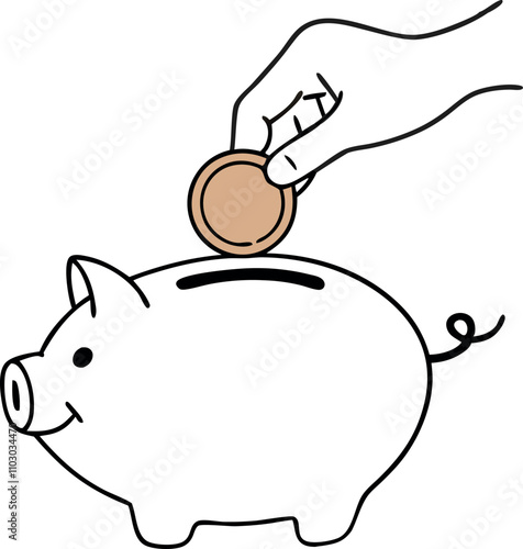 hand inserting coin into piggy bank, saving money line art vector illustration