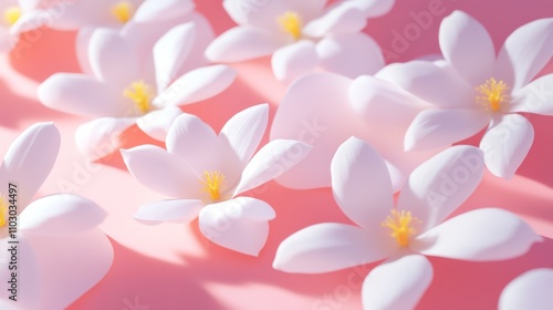 100.A refined template design featuring white flowers with vibrant yellow centers artfully arranged on a pink backdrop, their soft petals highlighted by soft lighting and delicate shadowing for a