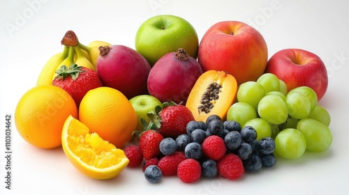 Colorful arrangement of assorted fresh fruits including apples, grapes, strawberries, and citrus set against a clean white background, highlighting nutritious eating.
