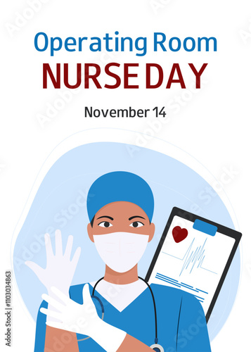 Vertical background with nurse in blue uniform. Operating Room Nurse Day. November 14. Design for banner, greeting card, presentation, flyer. Vector medicine illustration.