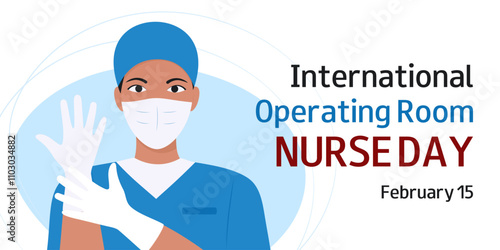 International Operating Room Nurse Day. February 15. Horizontal  background with nurse in blue uniform. Design for banner, greeting card, presentation, flyer. Vector medicine illustration.