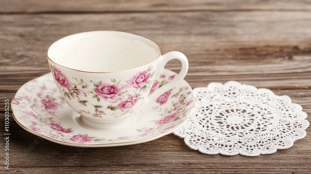 Delicate floral porcelain teacup with pink roses beside an intricate lace doily, resting elegantly on a weathered wooden tabletop. Delicate floral porcelain teacup with pink roses beside an intricate lace doily, resting elegantly on a weathered wooden tabletop.