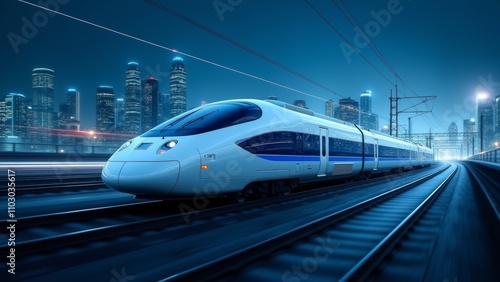 A Sleek High-Speed Train Travels on Tracks Illuminated by City Lights at Night, Showcasing Modern Transportation Technology in an Urban Setting