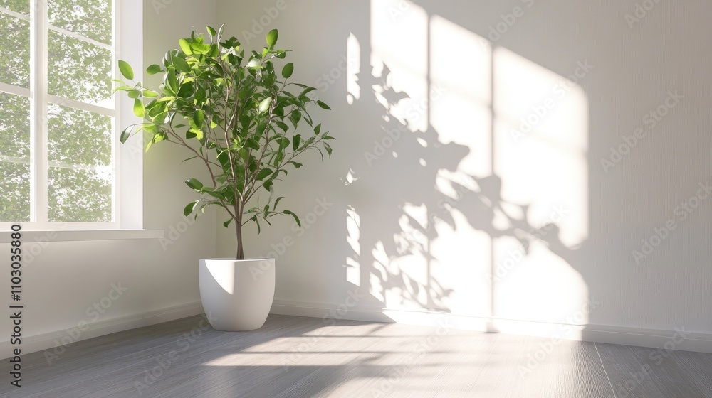 Bright and airy vacant room highlighting a lush green plant in a sleek white pot, with soft shadows cast by sunlight streaming through the window. Bright and airy vacant room highlighting a lush green plant in a sleek white pot, with soft shadows cast by sunlight streaming through the window.