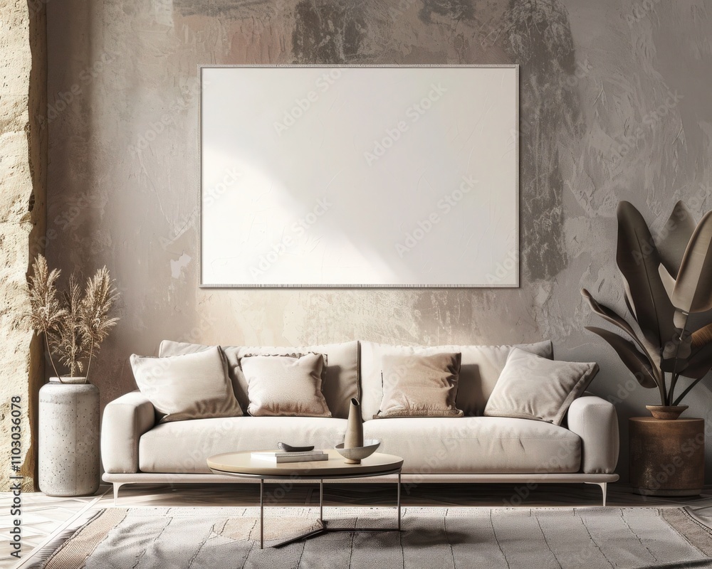 Minimalist living room with a large blank canvas on the wall. a beige sofa. a coffee table. and a rug The room has a large window with natural light Minimalist living room with a large blank canvas on the wall. a beige sofa. a coffee table. and a rug The room has a large window with natural light