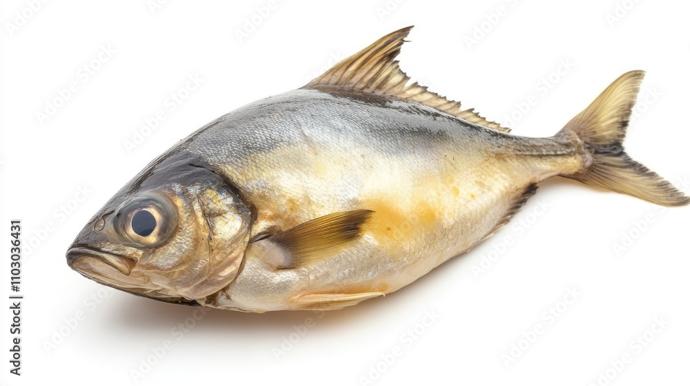 Freshly caught pompano fish displayed against a clean white background, showcasing its shiny scales and streamlined body shape. Freshly caught pompano fish displayed against a clean white background, showcasing its shiny scales and streamlined body shape.