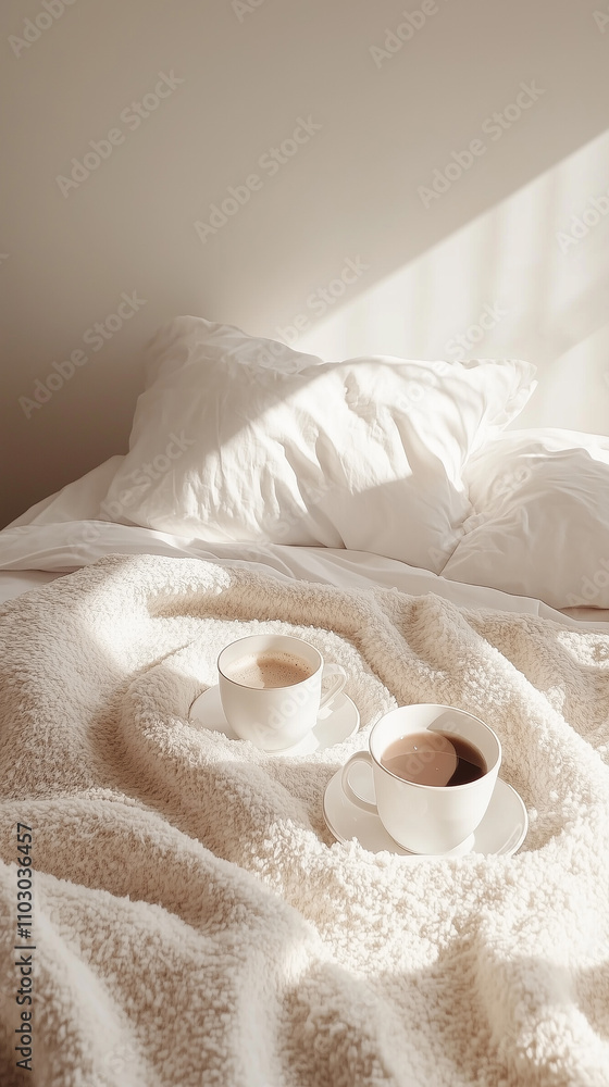 two cups of coffee nestled on a soft, fluffy blanket. The soft, natural light two cups of coffee nestled on a soft, fluffy blanket. The soft, natural light