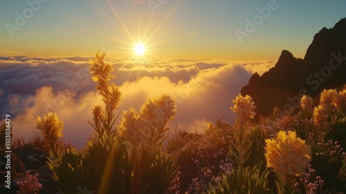 55.Breathtaking sunset view from Pico do Arieiro, where the mountains rise above the clouds in a dramatic display. The foreground is adorned with tall Pride of Madeira flowers and blooming Cytisus photo