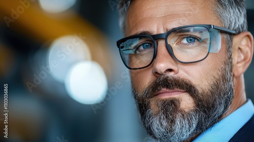 Portrait of a serious focused businessman wearing glasses and a beard deep in thought and contemplation  The image suggests a thoughtful intelligent photo