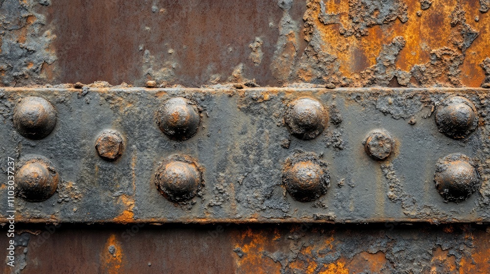 Close-up of a weathered metal panel with prominent rust, textured rivets, and layers of aged patina showcasing the effects of time and exposure. Close-up of a weathered metal panel with prominent rust, textured rivets, and layers of aged patina showcasing the effects of time and exposure.