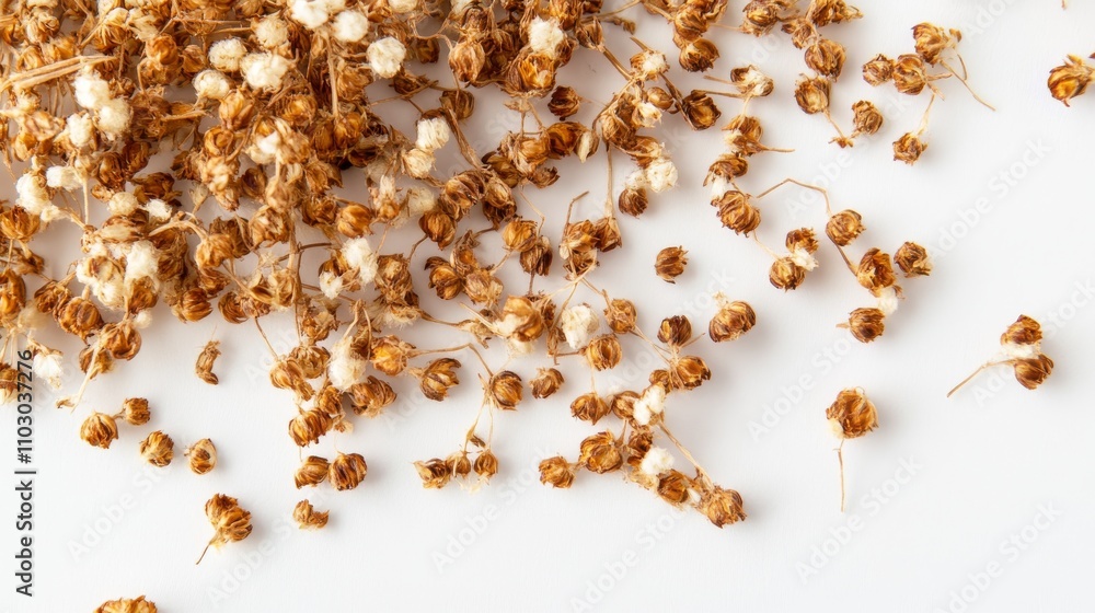 39.Detailed view of dried gypsophila flowers, with the tiny, fine blossoms arranged against a white background. The fragile nature of the flowers is captured with precision, showcasing their texture 39.Detailed view of dried gypsophila flowers, with the tiny, fine blossoms arranged against a white background. The fragile nature of the flowers is captured with precision, showcasing their texture