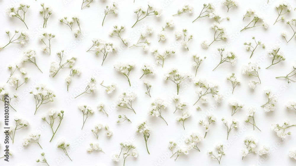 6.Top view of delicate gypsophila flowers scattered across a white background, with each small cluster arranged in a loose, organic pattern, creating a sense of simplicity and elegance in the floral 6.Top view of delicate gypsophila flowers scattered across a white background, with each small cluster arranged in a loose, organic pattern, creating a sense of simplicity and elegance in the floral
