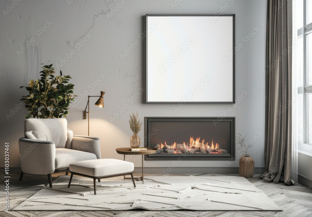 Cozy living room interior with fireplace. armchair. and plants in a modern design with a large blank frame on the wall Cozy living room interior with fireplace. armchair. and plants in a modern design with a large blank frame on the wall