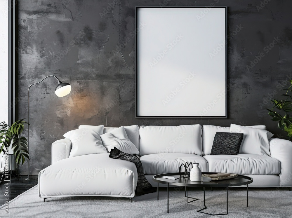 A modern living room interior with a white sectional sofa. a coffee table. a blank poster frame. and a floor lamp A modern living room interior with a white sectional sofa. a coffee table. a blank poster frame. and a floor lamp