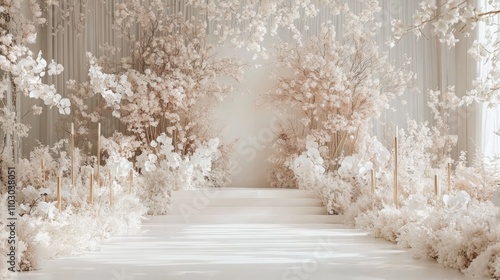 95.The wedding stage is a floral masterpiece, with white and light pink blooms arranged in intricate patterns, set against a minimalist white background with subtle golden decor to add a touch of