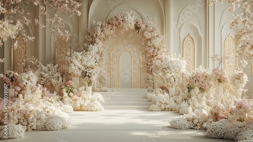 95.The wedding stage is a floral masterpiece  with white and light pink blooms arranged in intricate patterns  set against a minimalist white background with subtle golden decor to add a touch of