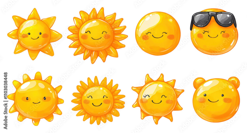 Fototapeta premium Cute Cartoon Sun Faces Summer Happy Emoji Icons Clipart