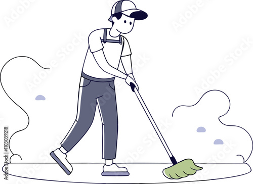 flat drawing of janitor mopping floor, line art vector illustration