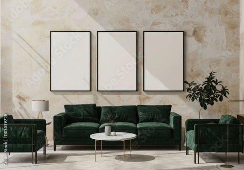 A modern living room interior with a green velvet sofa. two armchairs. a round coffee table. and three blank frames on a textured wall