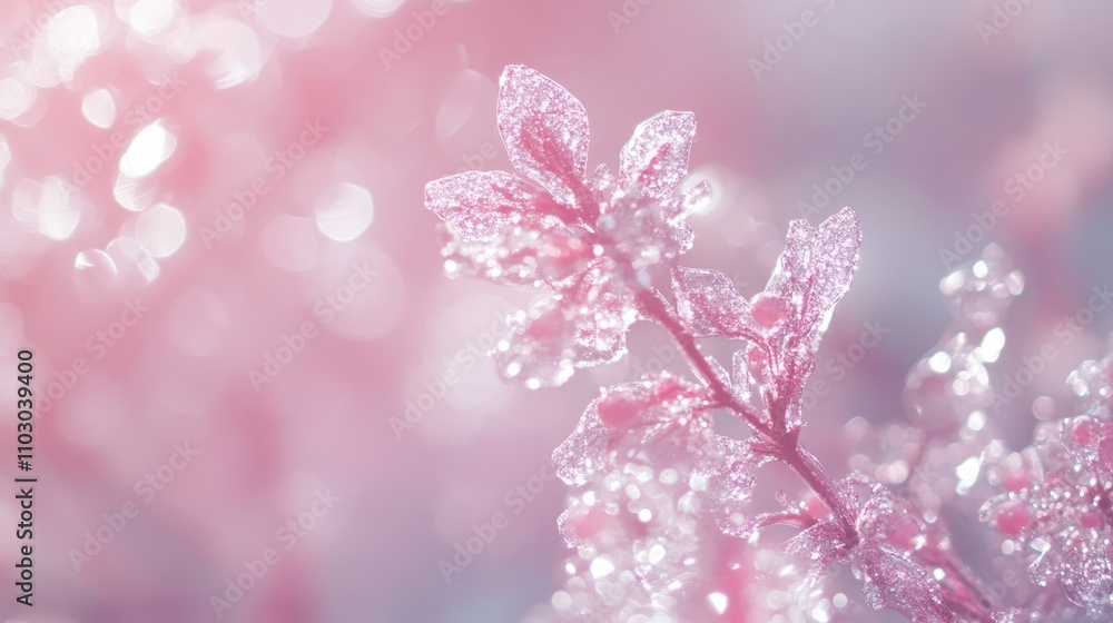 Soft pastel background in shimmering silver and pink hues with a defocused light effect, featuring glistening droplets on delicate leaves. Soft pastel background in shimmering silver and pink hues with a defocused light effect, featuring glistening droplets on delicate leaves.