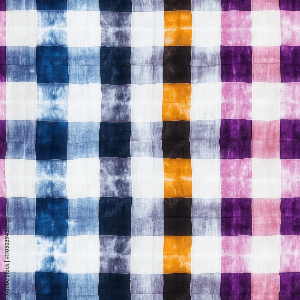 Fototapeta premium A vibrant, colorful plaid pattern featuring squares in blue, orange, black, purple, and white tones, creating an eye-catching textile design.